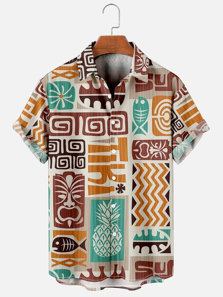 

Retro hippie ethnic Hawaiian short-sleeved shirt, As picture, Men's Floral shirt