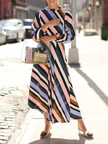 

Elegant Crew Neck Striped Dress, As picture, Midi Dresses