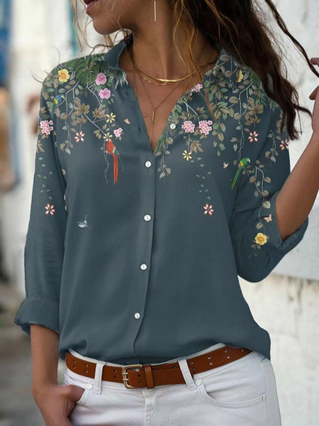 fiore pianta Abbottonato Top, Grigio, Blouses & Shirts