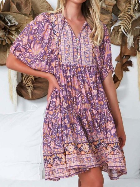 

Boho V Neck Loosen Dresses, Purple, Mini Dresses