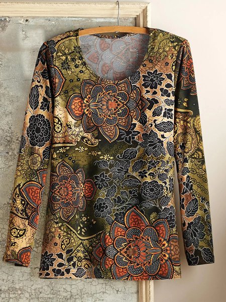 

Floral Print Crew Neck Casual Long Sleeve T-shirts, Multicolor, T-Shirts