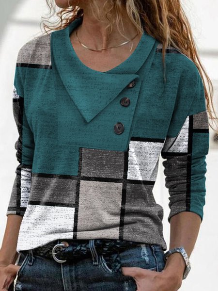 

JFN Cowl Neck Geometric Buttoned Casual Top, Green, Long sleeve tops