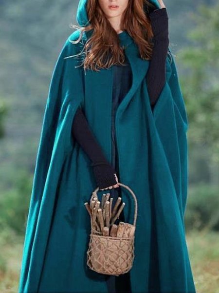 

Solid Long Hooded Loosen Vintage Outerwear, Blue, Outerwear