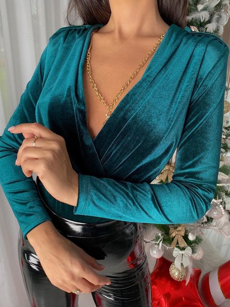 

Lady V Neck Regular Fit Solid Long Sleeve Top, Green, Tops