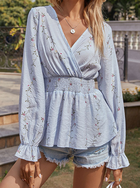 

Printed Sweet V Neck Shirts & Tops, Blue, Long sleeve tops