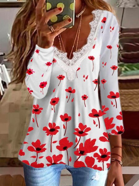 

Lace stitching printed long-sleeved T-shirt, White, T-Shirts