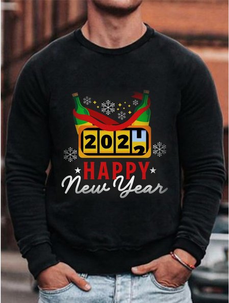 

Unisex 1pc 2022 New Year Round Neck Couple's Sweater, Black, Sweater