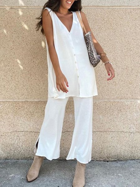 

Casual loose comfortable sleeveless suit（ Elastic waist）, White, Two-piece Outfits