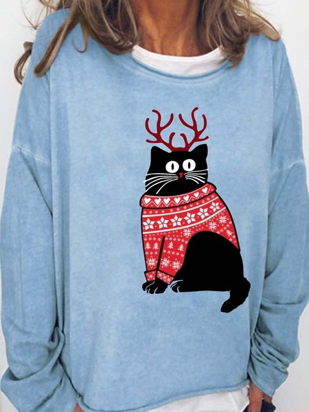 

Christmas Cat Casual Sweatshirt, Light blue, Hoodies&Sweatshirts