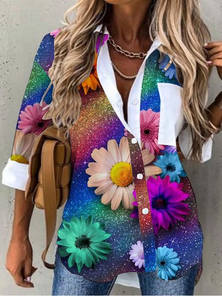 

Floral Print Shirt Collar Plus Size Long Sleeve Blouses, Multicolor, Blouses & Shirts