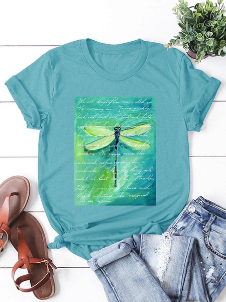 

Women's Short-sleeved Blouse With Dragonfly Letter Print, Lightgreen, T-shirts
