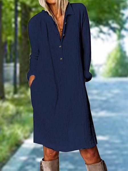 

Buttoned Shirt Collar Solid Casual Mini Dresses, Purplish blue, Mini Dresses