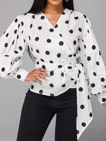 

Elegant Long Sleeve Polka Dots Top, White, Blouses and Shirts