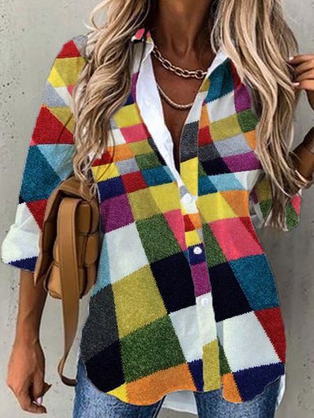 

Color Piece Geometric Loosen Casual Shirts & Tops, Multicolor, Shirts & Blouses