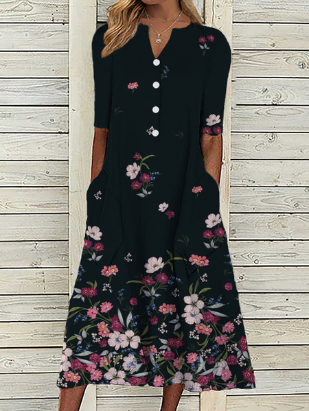 

Plus size Floral Printed V Neck Dresses, Multicolor, Midi Dresses