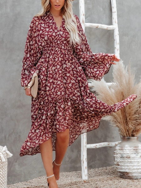 

V neck Floral Casual Boho Dresses, Wine red, Floral Dresses