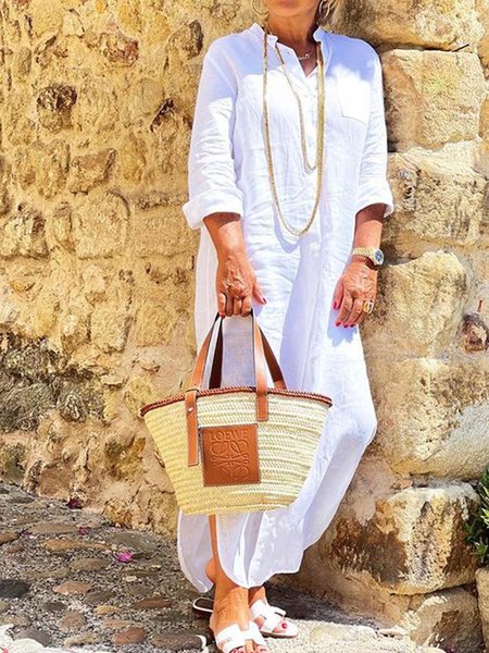 

Stand Collar Loosen Casual Dresses, White, Maxi Dresses