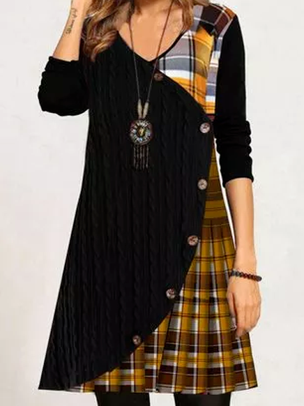

Cotton Blends Casual Checked/Plaid Long sleeve Dresses, Black, Casual Dresses