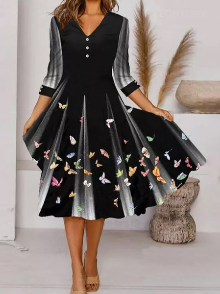 

Elegant Cotton Blends V Neck Dresses, Black, Midi Dresses