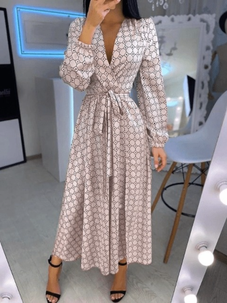 

Spring Geometric Simple Elegant Simple Long sleeve Dresses, Pink, Midi Dresses