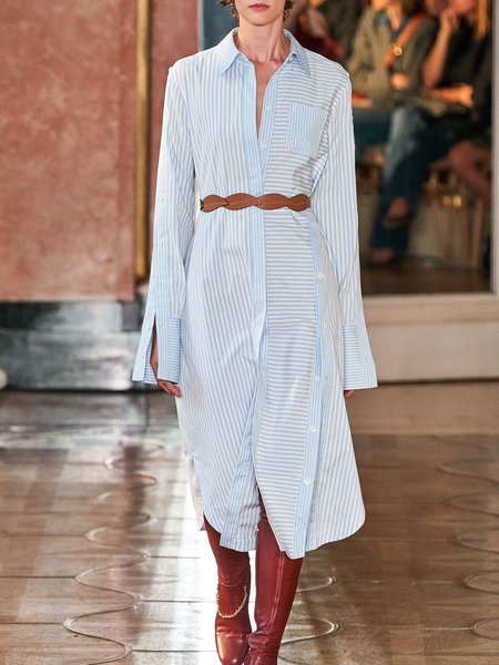 

Elegant Shirt Collar Work Striped Dress, Blue, Midi Dresses