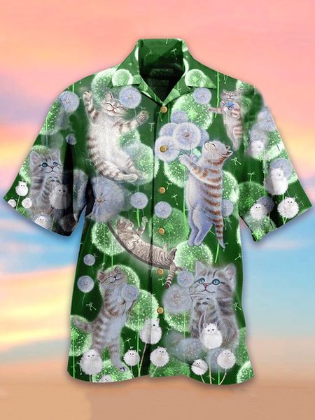 

Mens Cats & Dandelion Print Casual Breathable Short Sleeve Hawaiian Shirts, Green, Men's Floral shirt