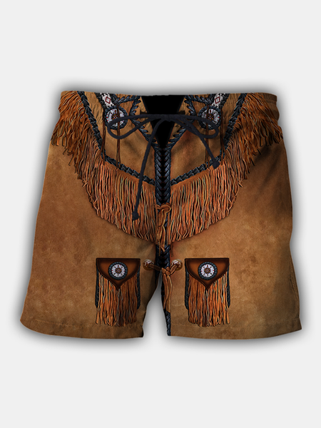 

Western denim fringed printed beach pants, As picture, Men's shorts