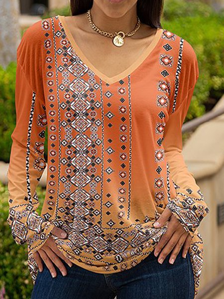 

Long sleeve V-neck geometric gradient loose top T-shirt Plus Size, Orange, Long sleeve tops