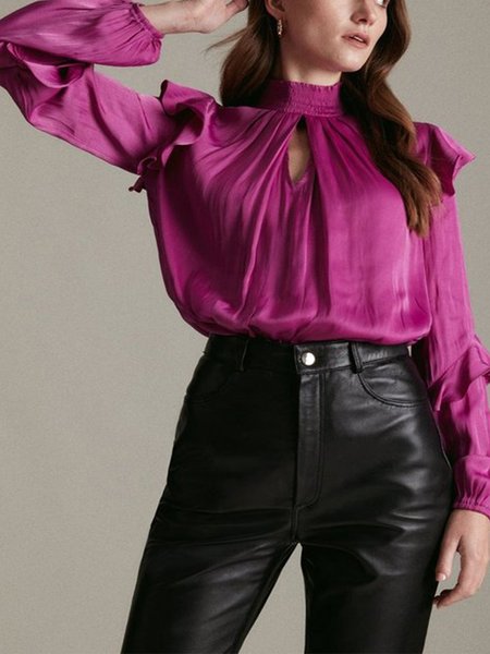 

Loosen Solid Vintage Stand Collar Frill Sleeve Shirts & Tops, As picture, Blouses and Shirts