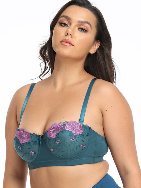 

C Cup Sexy Embroidered Gathered Plus Size Bra, Cyan, Intimates