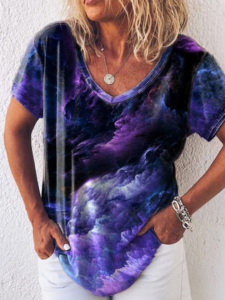 

Short Sleeve Landscape Print Casual V Neck T-shirt, Purple, T-Shirts