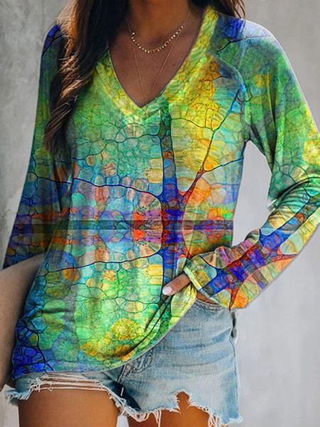 

V Neck Printed Long Sleeve Casual Shirts & Tops, Multicolor, T-Shirts
