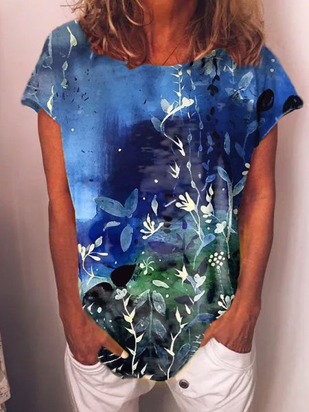 

Casual Crew Neck Floral Shirts & Tops, Blue, T-Shirts