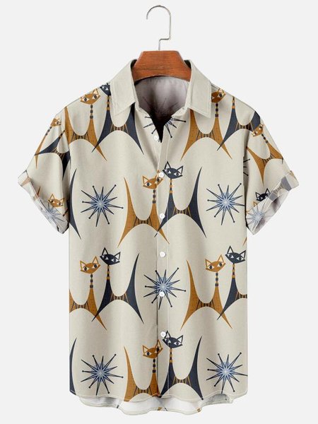 

Retro Geometric Cat Hawaiian Short Sleeve Shirt, As picture, Men's Floral shirt