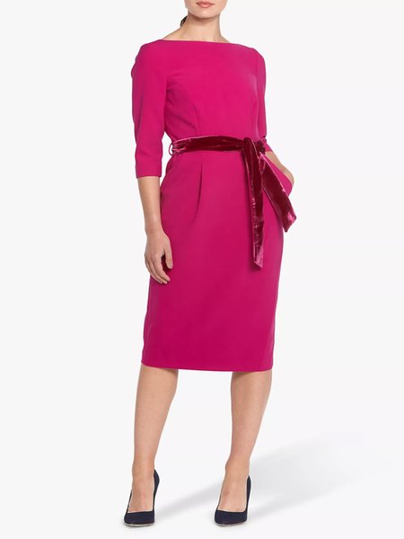 

Elegant Solid Boat Neck Dress With Belt, Red, Midi Skirts