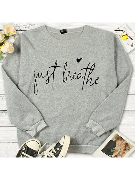 Letter Printed Long Sleeves Loosen Casual Tops, Gray, Tops