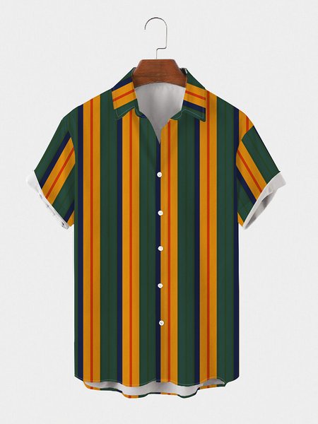 

Mens Stripes Print Round Hem Loose Short Sleeve Shirts, Yellow, Men's Floral shirt