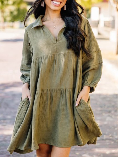 

Casual Solid Loosen Long Sleeve Pocket Mini Dresses, Green, Mini Dresses