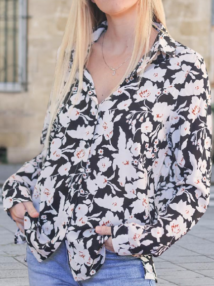 

Shirt Collar Floral Casual Shirts & Tops, Black, Shirts & Blouses