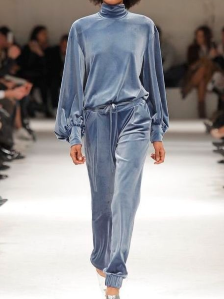 

Spring Casual Plain Loosen Casual Simple Long sleeve Daily Household Suits, Blue, Two-piece Set