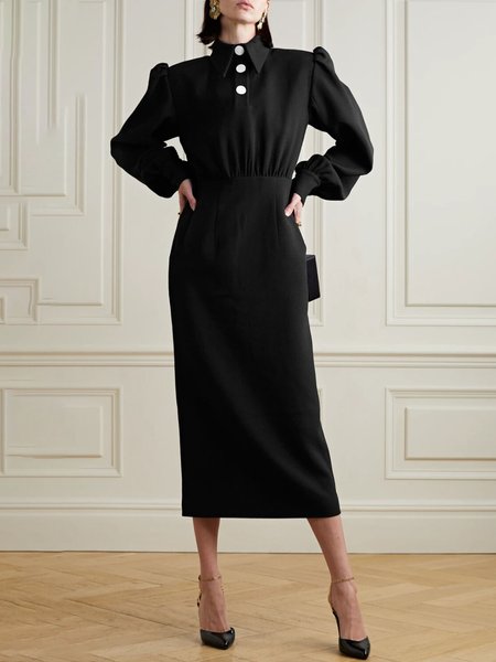 

Regular Fit Plain Shirt Collar Midi Dress, Black, Midi Dresses