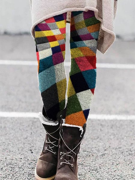 

Color Piece Geometric Cotton Blends Casual Skinny Pants, Multicolor, leggings
