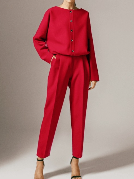 

Spring Plain Loosen Long sleeve Top With Pants Daily Holiday Suits, Red, Two-piece Set