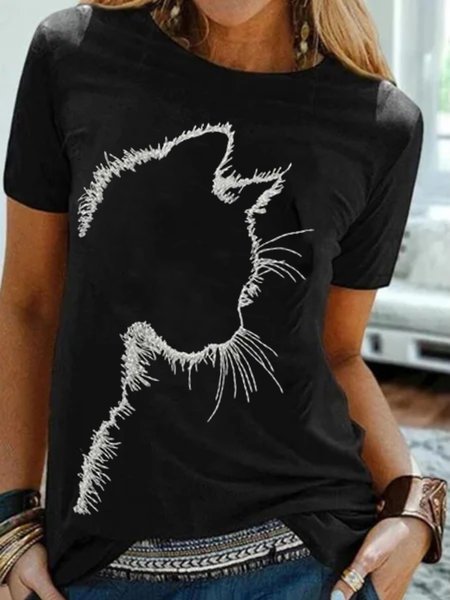 

Cat Short Sleeve Round Neck Plus Size Printed Tops T-shirts, Black, T-Shirts