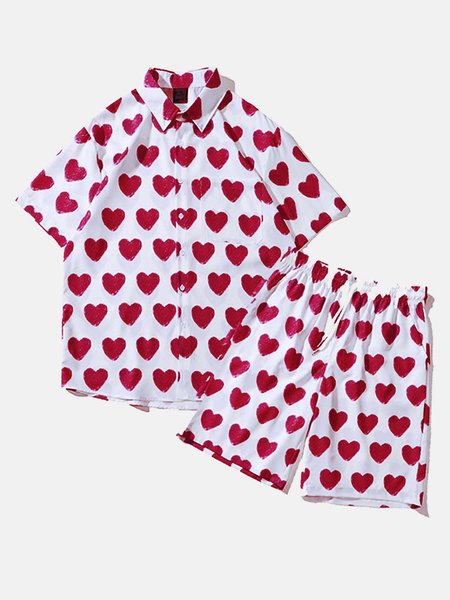 

Valentine's Day Love Digital Print Short Sleeve Shirt Men's Suit, White, Men's sets