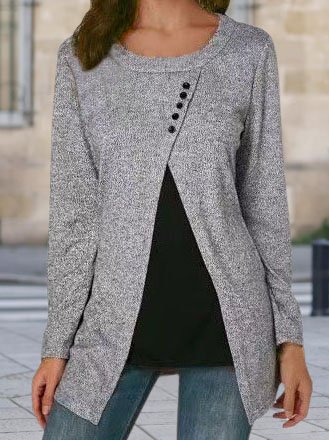 

JFN Round Neck Patchwork Basic T-Shirt/Tee, Gray, Long sleeve tops