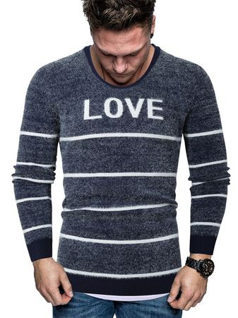 

Men's Striped Letter Crew Neck Long Sleeve Sweater, Navyblue, Sweater