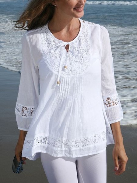

Lace Solid Casual 3/4 Sleeve Crew Neck Loosen Tops, White, Tops