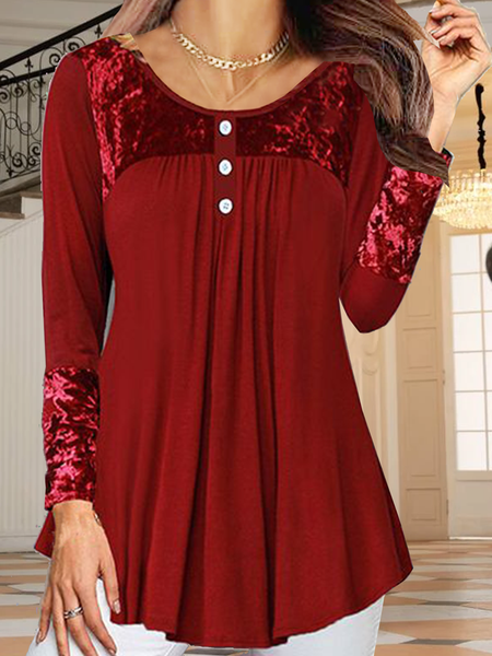 

Long sleeved round neck plain color patterned velvet gorgeous party top Plus Size, Red, Long sleeve tops