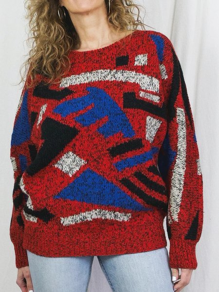 

Crew Neck Casual Acrylic Loosen Sweater, Multicolor, Sweaters